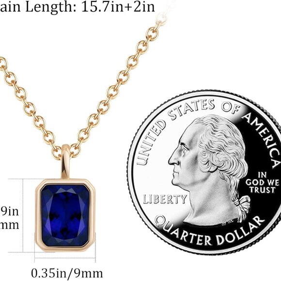 Sapphire Necklaces 14K Gold Dainty Rectangle Necklace Birthstone Navy Blue Penda - Picture 5 of 7